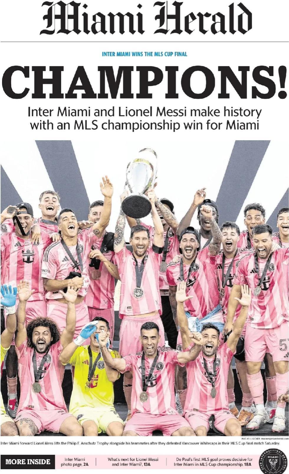 《迈阿密先驱报》头版报道称，迈阿密国际和莱昂内尔·梅西凭借迈阿密在美国职业足球大
