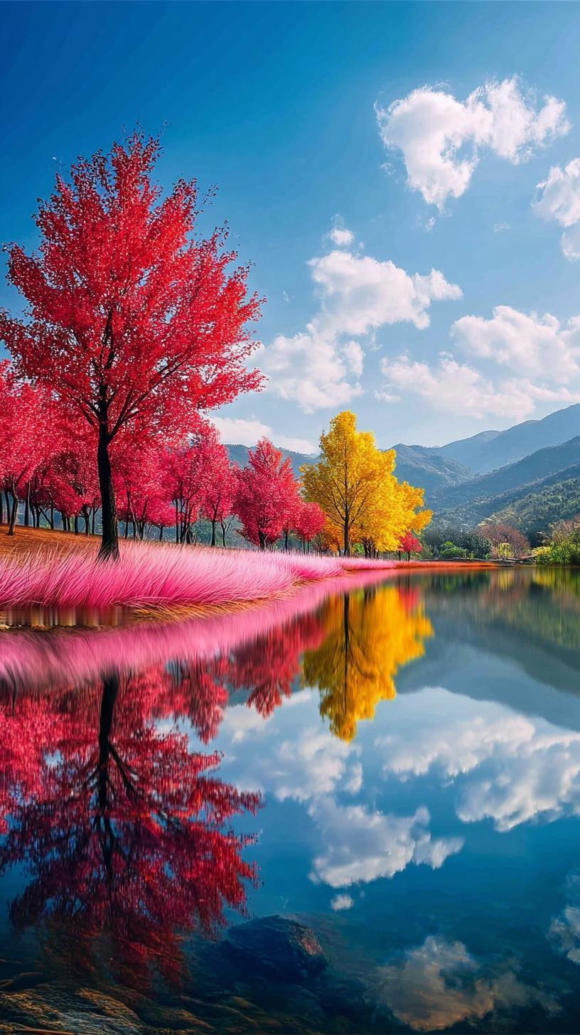 秋日童话：绚烂红叶与碧蓝湖水的浪漫邂逅
