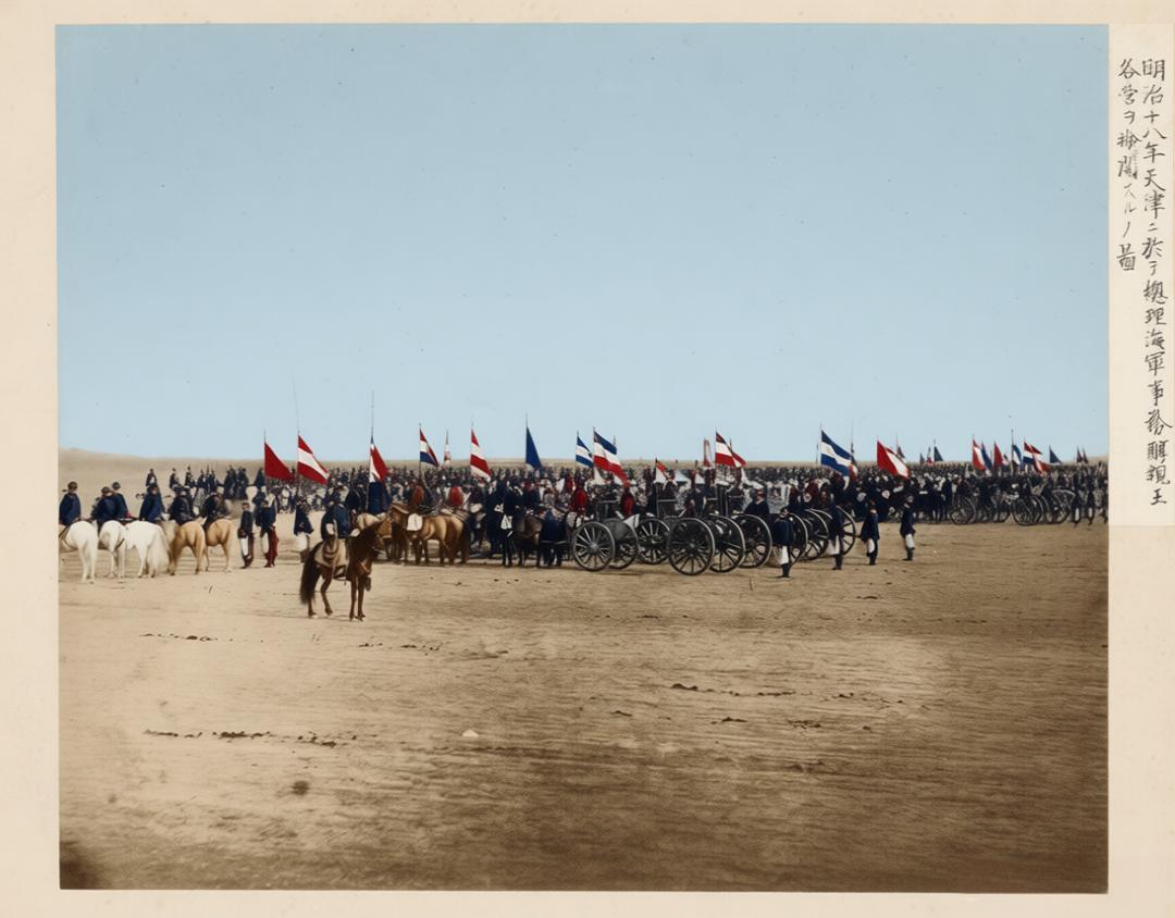 1886年，天津，醇亲王奕譞检阅北洋各营的阅兵现场，照片右侧的日文标注“明治十八