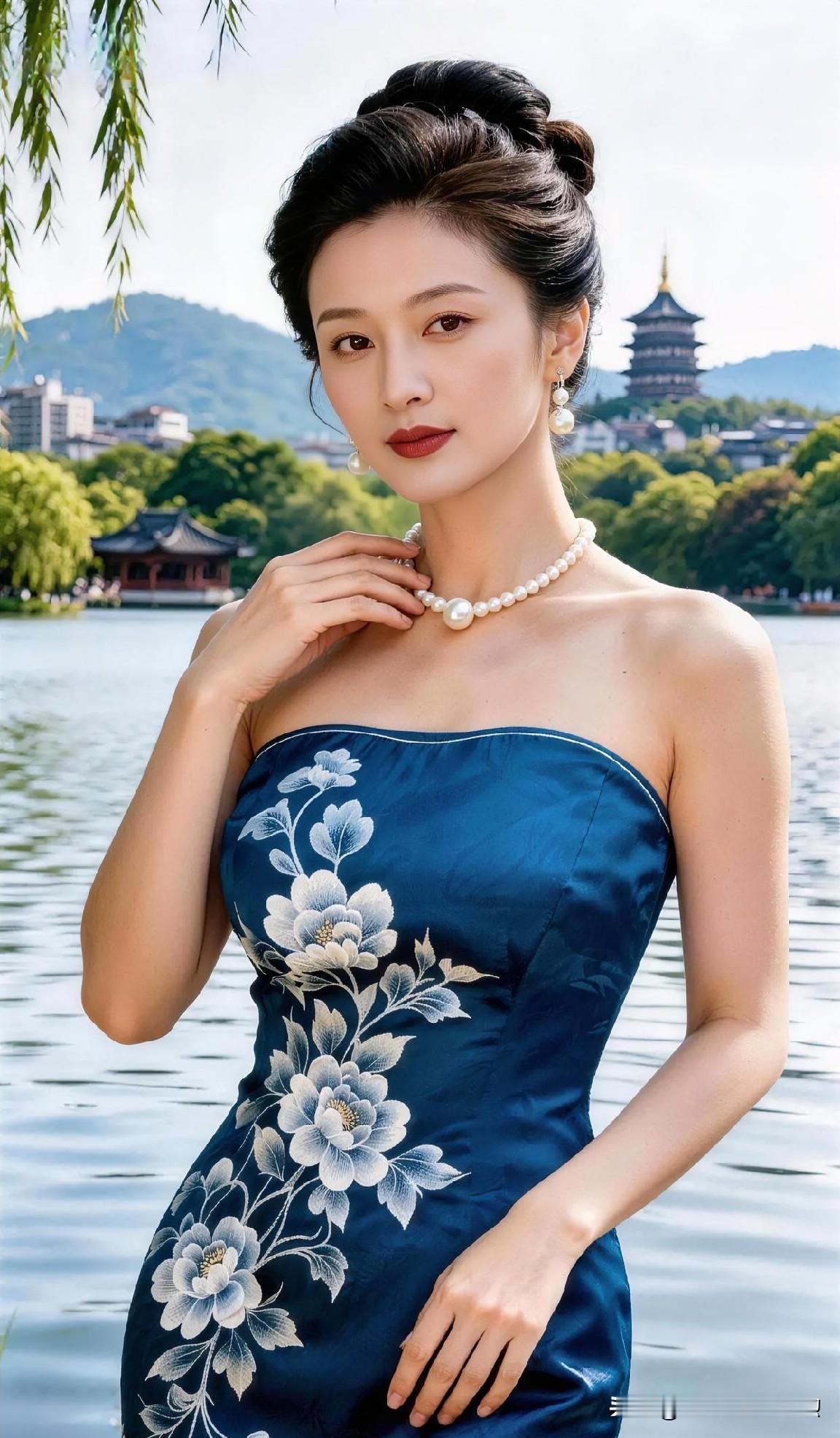 《湖畔芳华》深蓝锦缎，绣着淡雅繁花。珍珠温润，映衬从容笑意。柳岸湖光