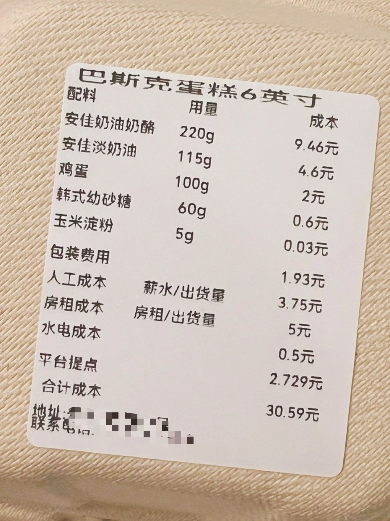 店主把小蛋糕的成本都写上了，有人说现在的小蛋糕太贵了，大家真的觉得贵吗？去掉租房