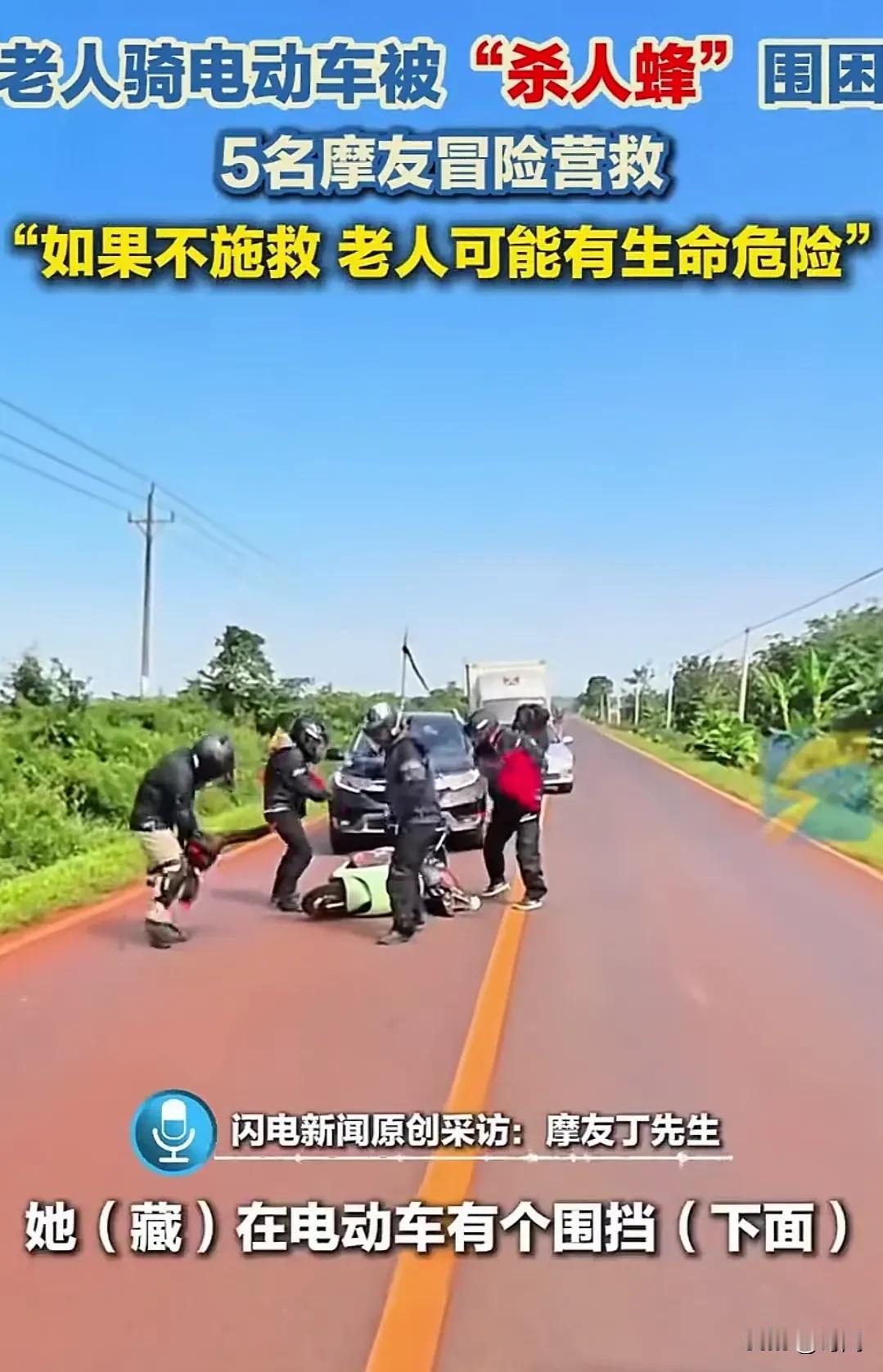 多名摩托佬围殴老人？实际是多名骑行男子不顾危险和杀人蜂缠斗救老人。事发11月21