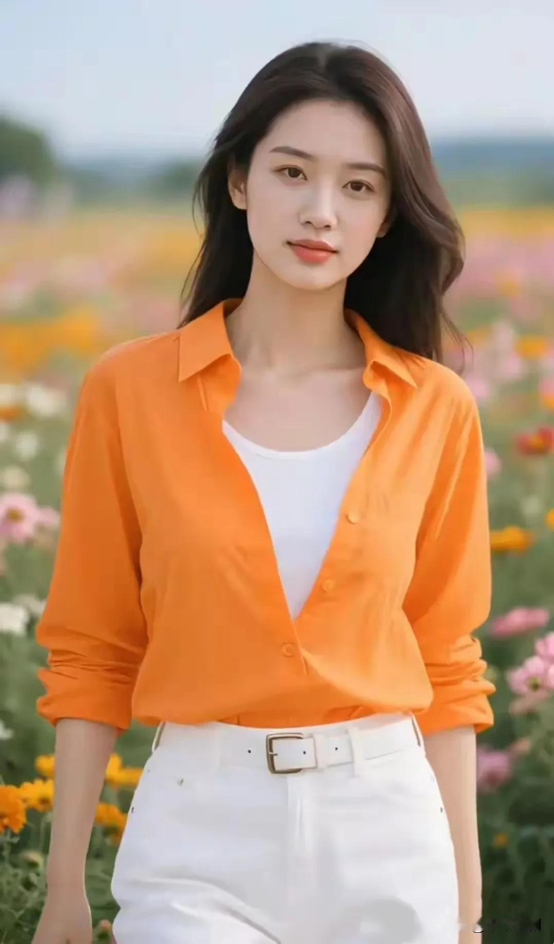 橘色衬衫裹着夏的热烈，白裤衬得风都轻快。花田作背景，她站在那儿，像把晴朗揉进了眉