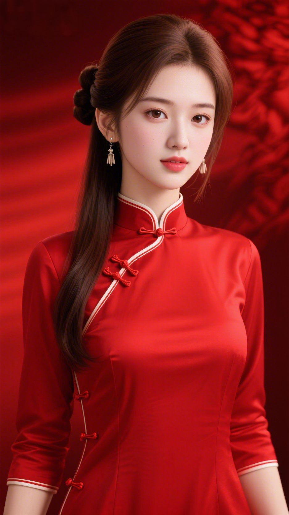 《红襟蕴雅柔》正红旗袍裹着暖光，月白滚边如裁云作线，顺着斜襟轻覆在朱红盘扣