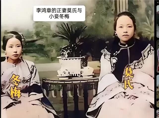 这是李鸿章正妻莫氏和小妾冬梅的合影照，两人从穿着和打扮上就能看出来自富贵人家，只