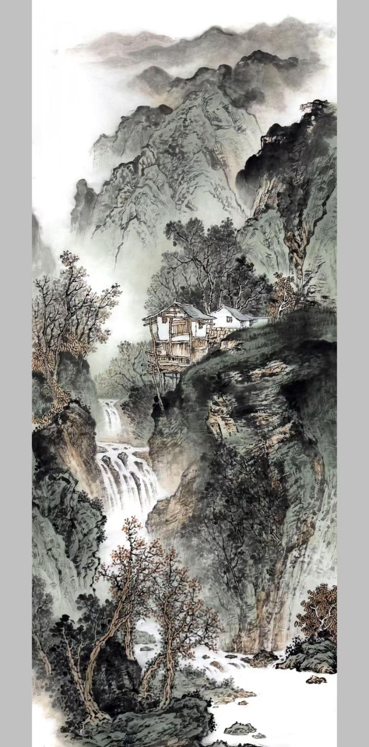 山居飞瀑图。国画山水青绿山水画创作者中心创作灵感感受国画山水韵味国风古韵