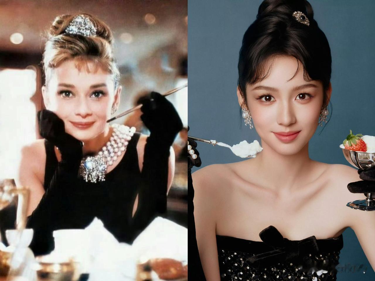 周也致敬经典，cos奥黛丽赫本。虽然周也很漂亮，但cos赫本，内娱比较出彩的还属