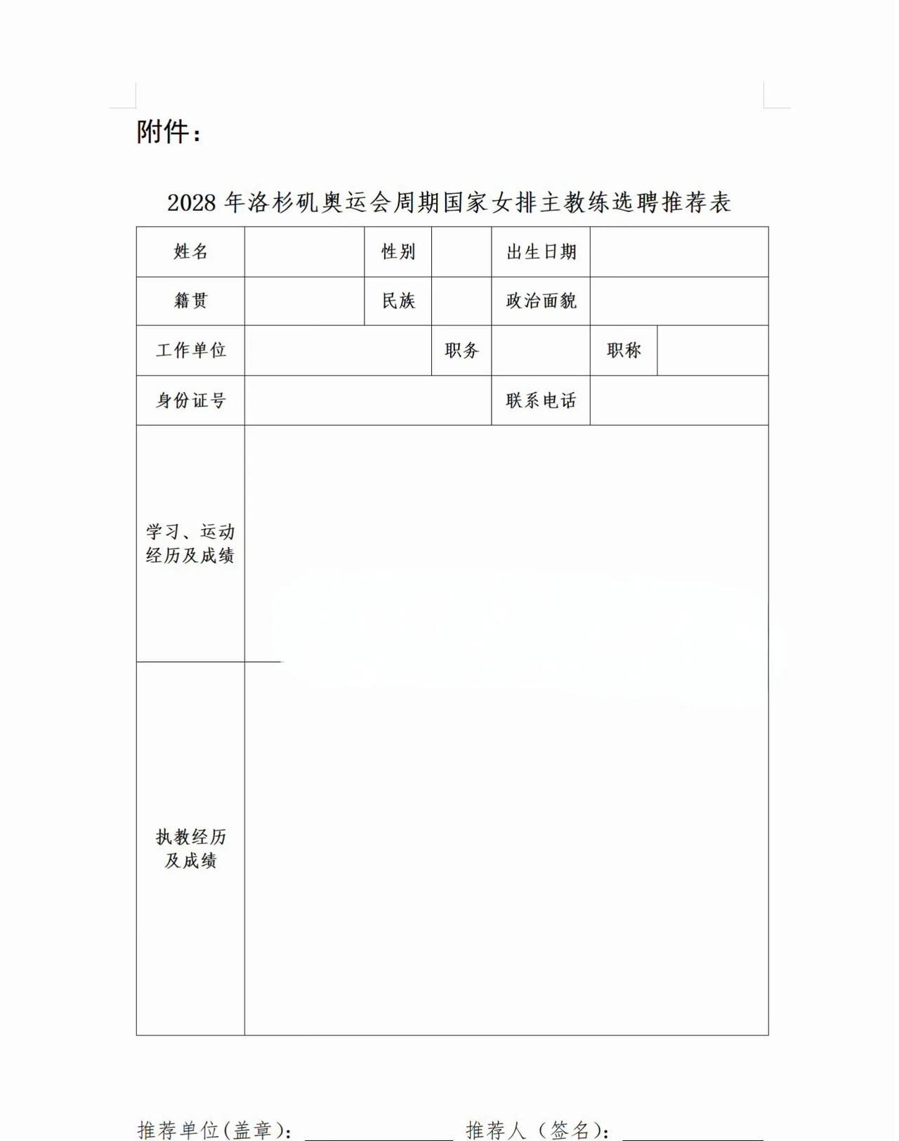 2028年洛杉矶奥运会女排主教练的推荐表出来了，这个还真有点意思哈？！这个推荐表