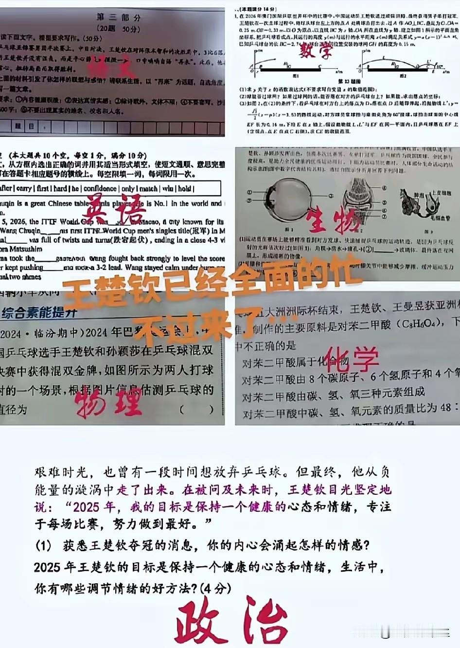 世界杯夺冠，没上热搜世乒赛夺冠没上热搜，高考来临之际，王楚钦登上了语文卷子，