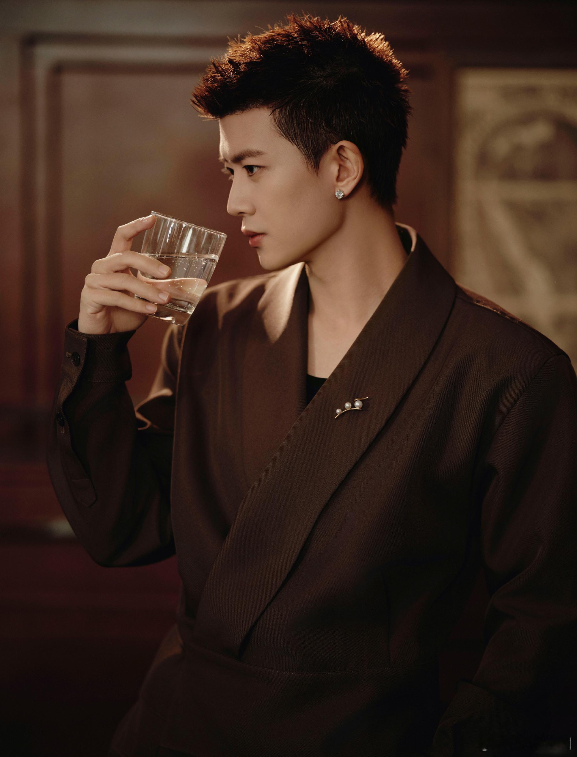 任嘉伦这组古堡大片杀疯了！复古棕调+松弛贵气的造型，手持酒杯的侧颜杀直接把氛围感