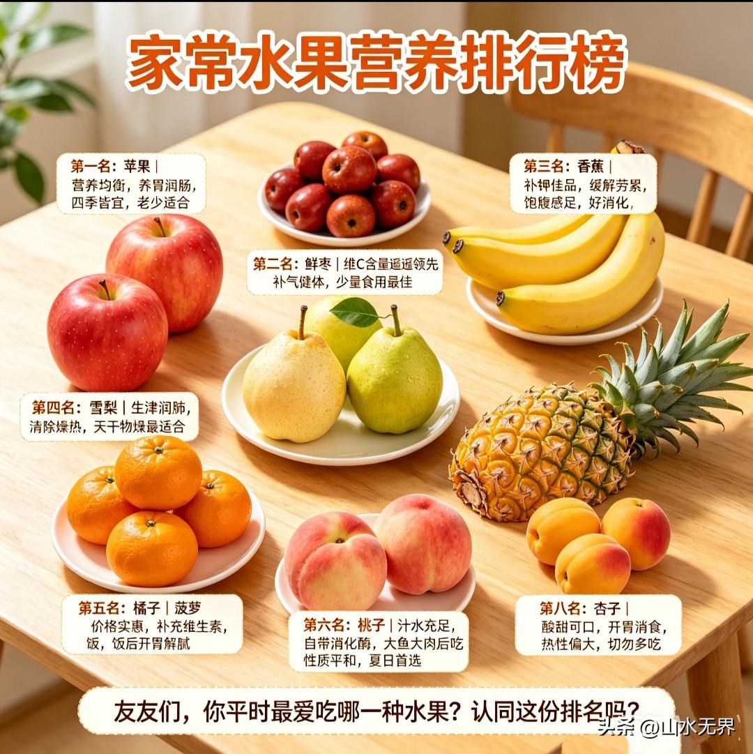 家常水果营养排行榜，很多人一直乱吃日常家家户户常备的水果：苹果、香蕉、橘子