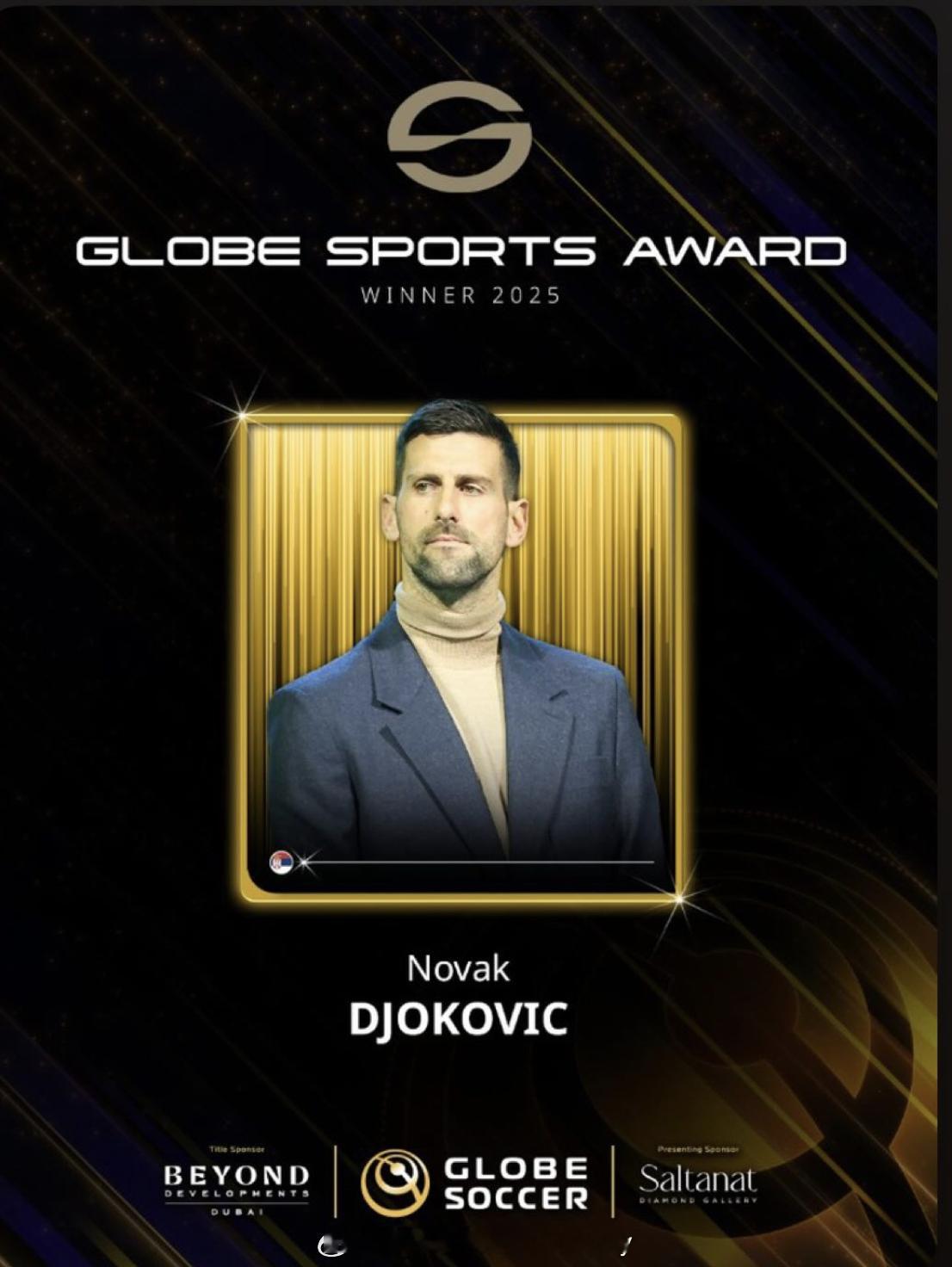 德约科维奇创造历史！🎾🏆在环球足球奖颁奖典礼上，德约首次荣获“环球体育奖”，
