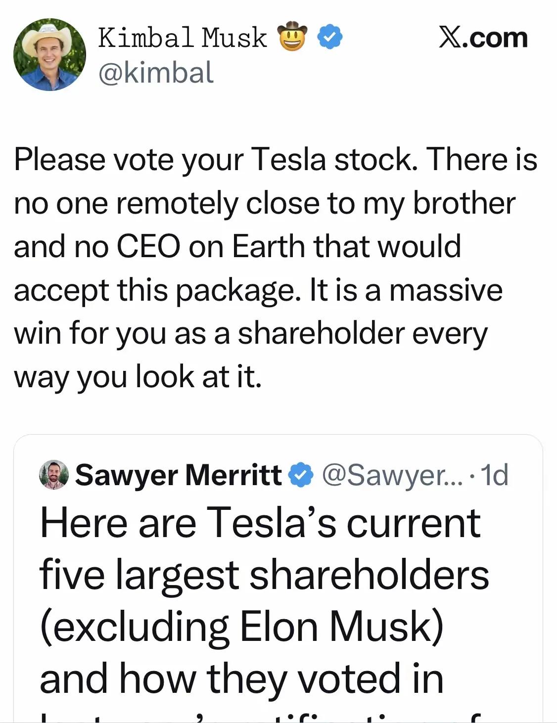 “请投出代表你手中所持特斯拉股份的一票”，金巴尔·马斯克在社交媒体X上就他哥哥埃