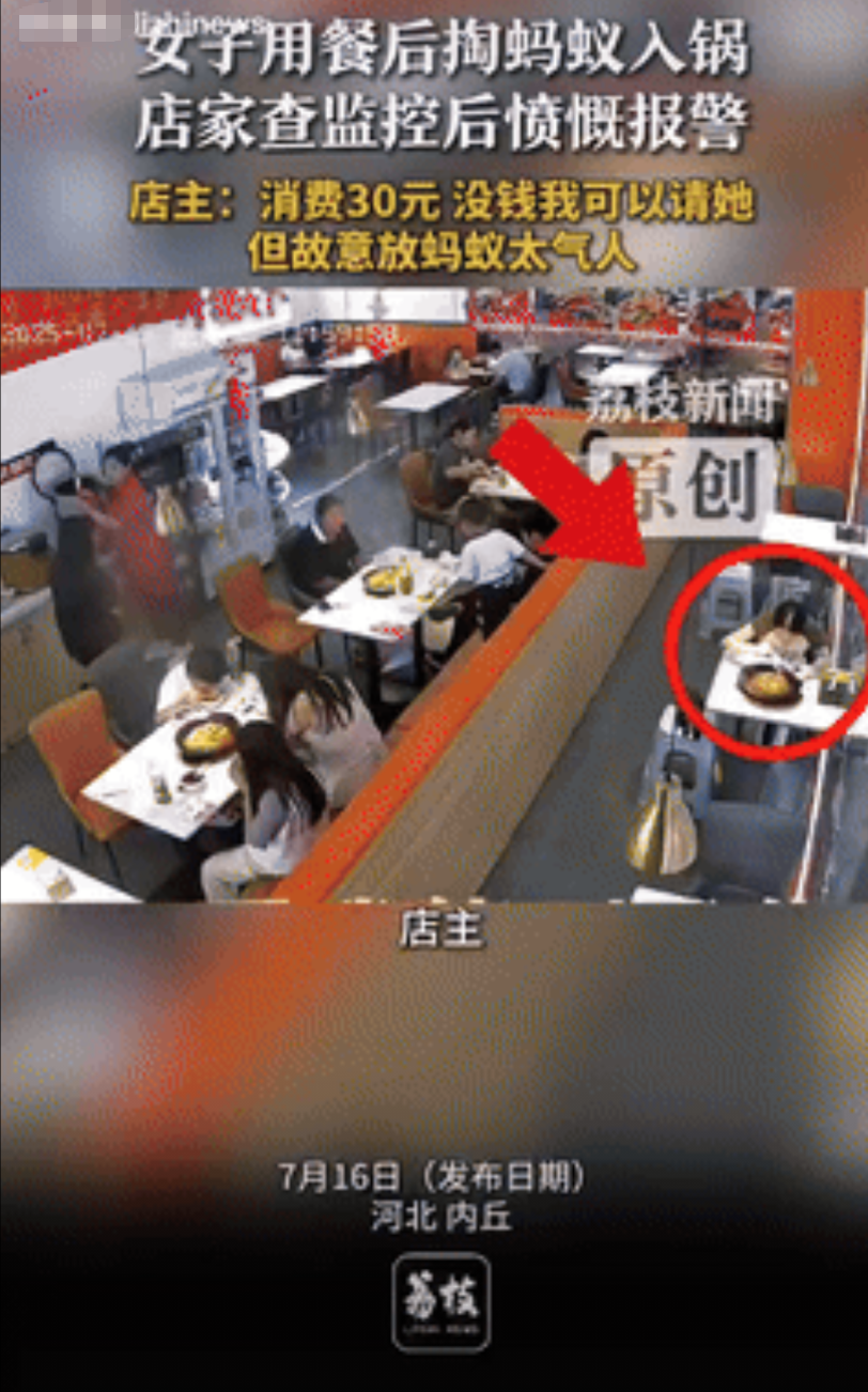 “白嫖成功了？”河北内丘，一女子饭吃到一半，发现锅里有蚂蚁，于是要求老板把30元