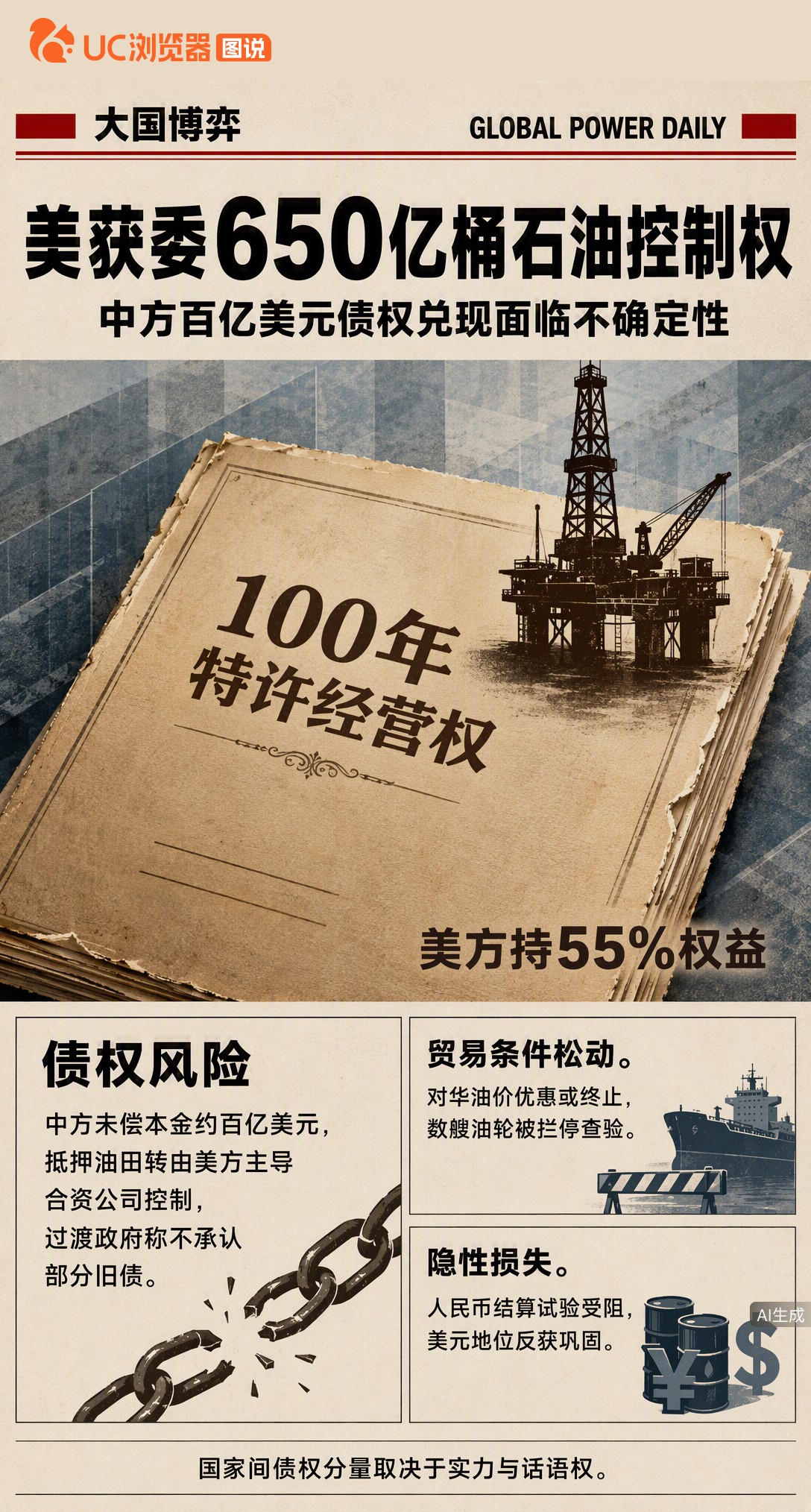 美方与委内瑞拉签百年石油协议，拿下650亿桶储量多数控制权。中方约百亿债权抵押物随之易主，兑现面临变