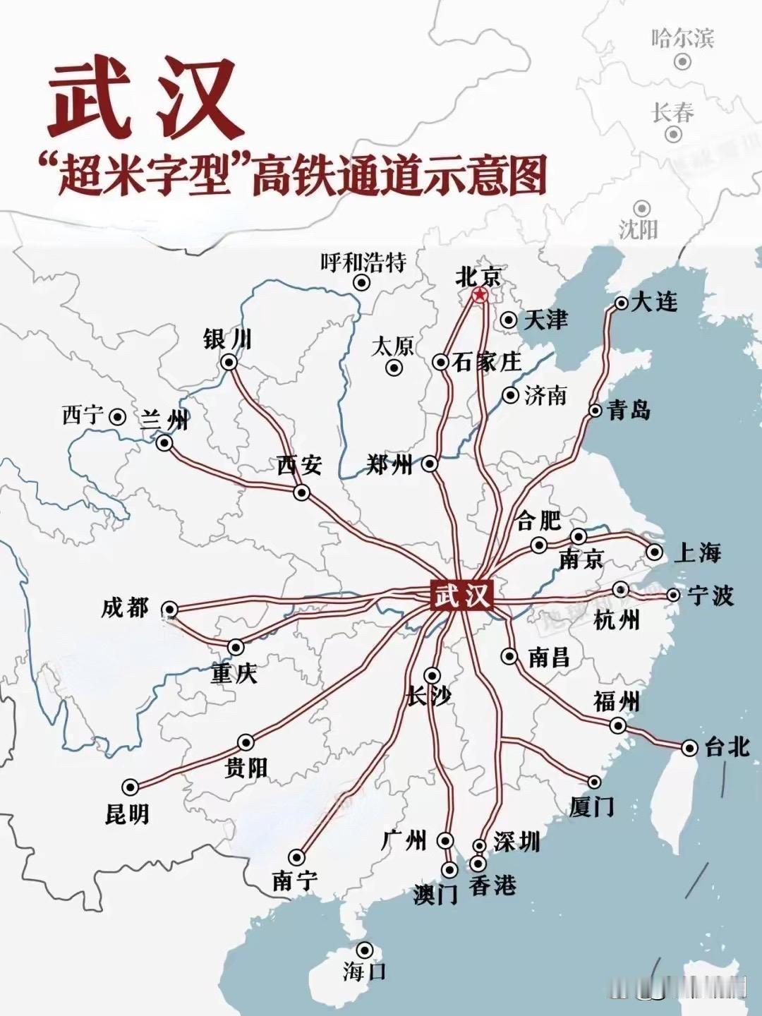 大家见过郑州、西安及长沙等米字型铁路线，却没见过武汉“超米字型”，不愧是九省通衢