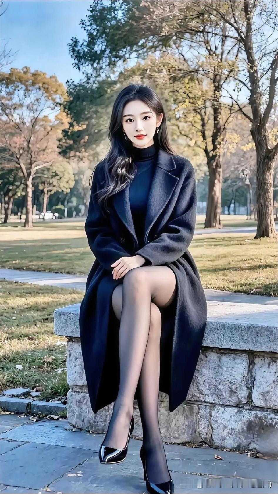 秋冬穿搭指南：黑色大衣+高领毛衣+光腿神器+黑皮鞋，优雅街拍[比心][比心]黑