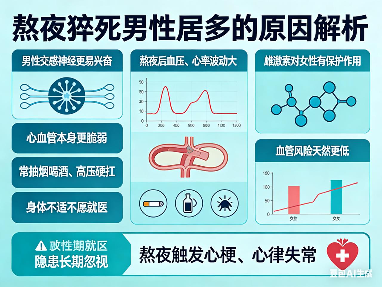 熬夜猝死男性居多，主要是这几点原因：男性交感神经更易兴奋，熬夜后血压、心率波动
