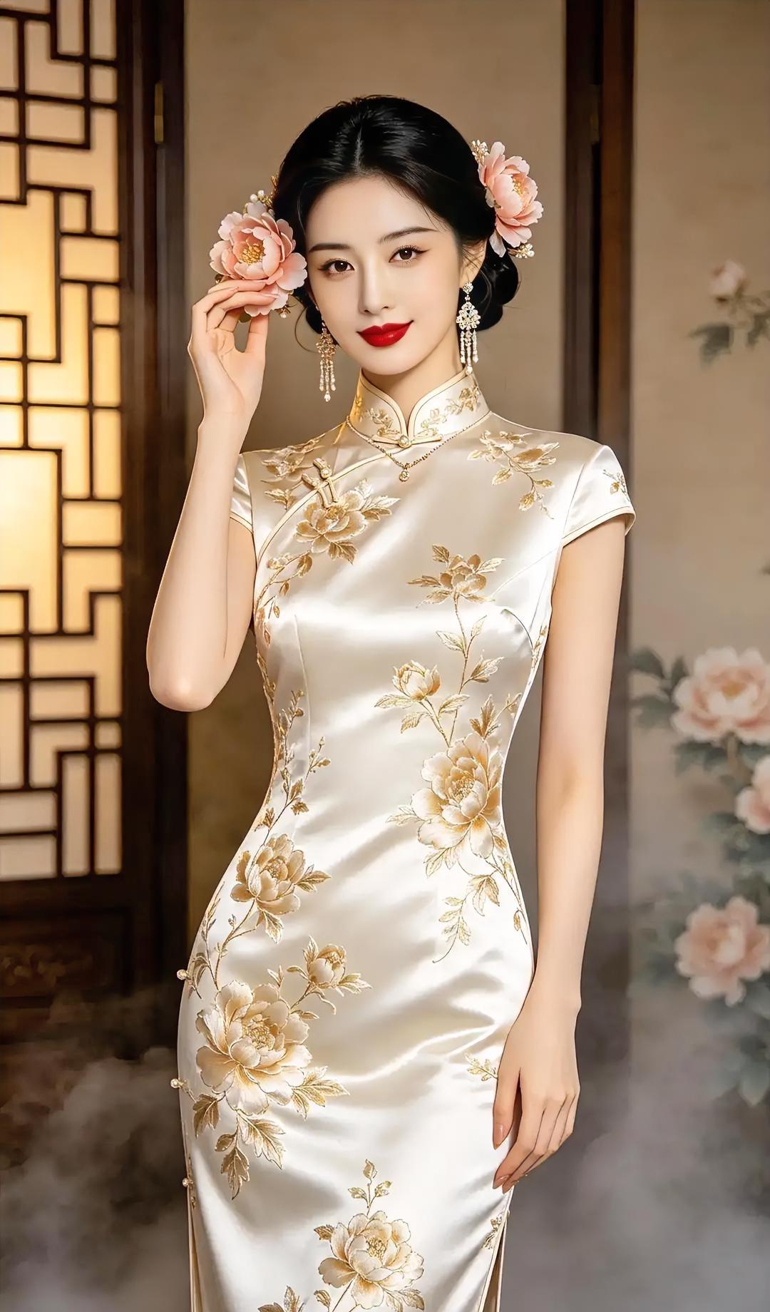 花开怎及她鬓边香？旗袍绣金，牡丹缓缓绽放。窗格漏下旧时光，珠耳轻摇，