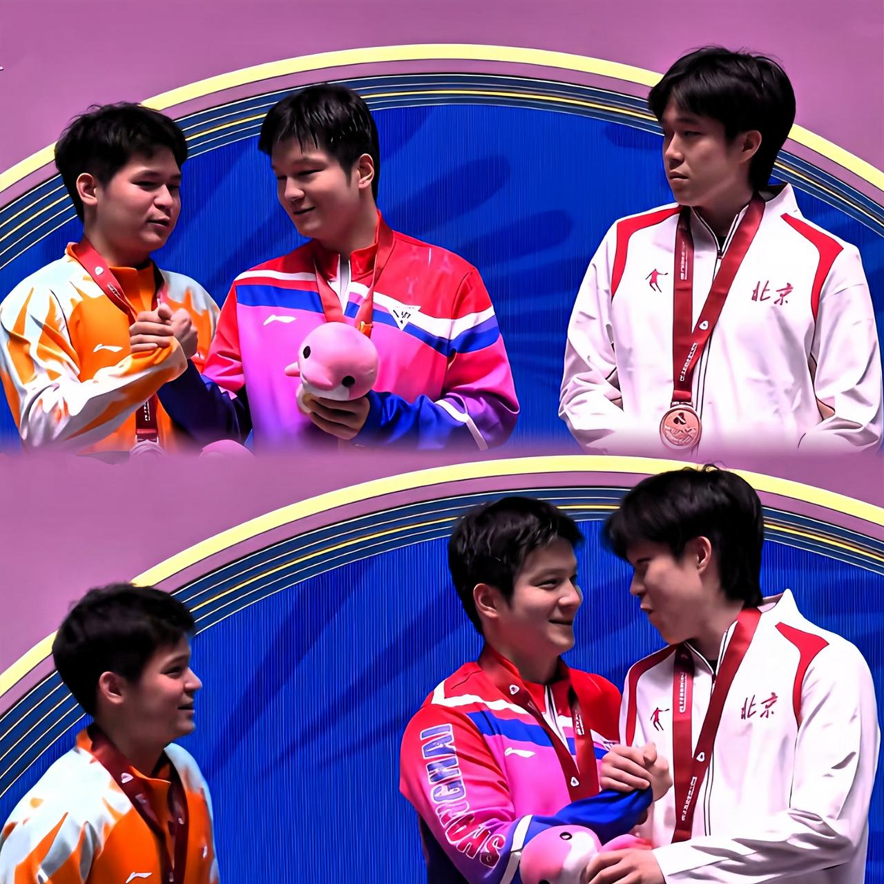 谁被颁奖仪式暖到了！林诗栋跟东哥握手后，东哥马上主动去握王楚钦，三人对视