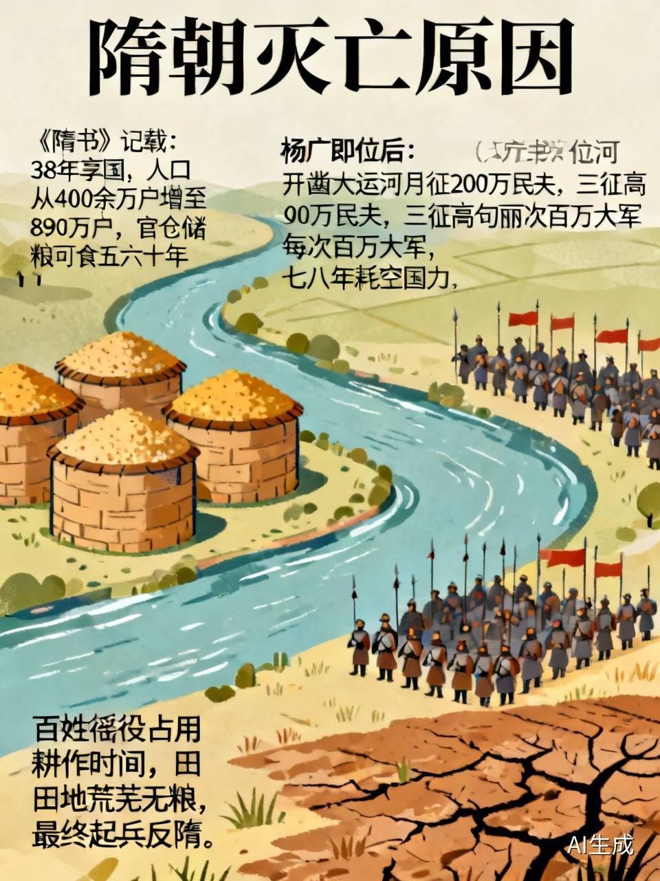 隋朝灭亡的原因翻阅《隋书》可查一组数据，隋朝享国38年，人口从开