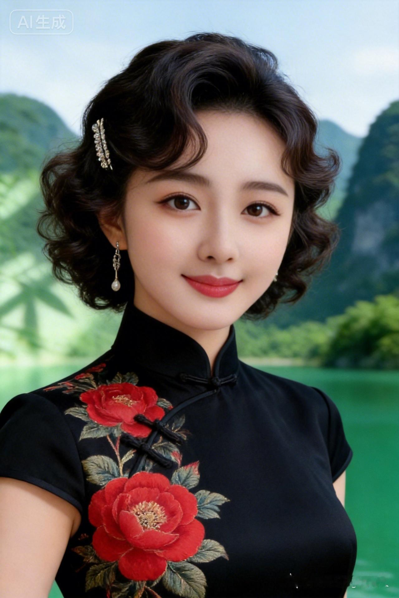 优雅旗袍，复古卷发，自然山景，尽显东方韵味。
