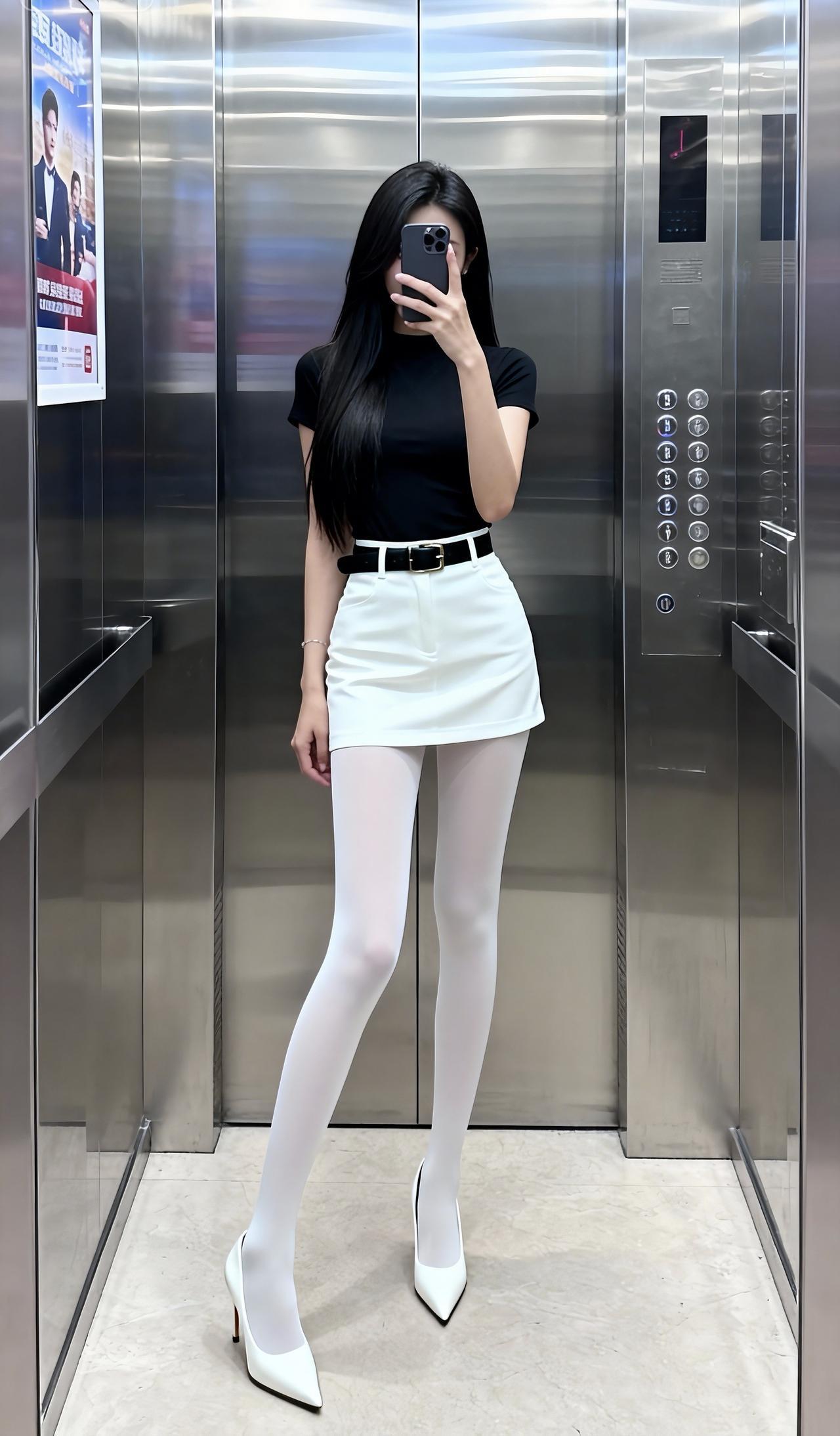 白丝真好看！电梯拍照大长腿白丝穿搭日常分享