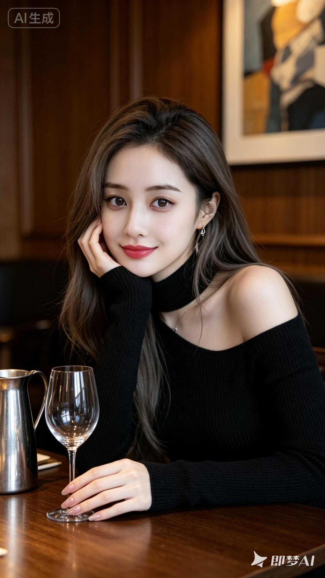优雅黑衣少女，静享咖啡时光