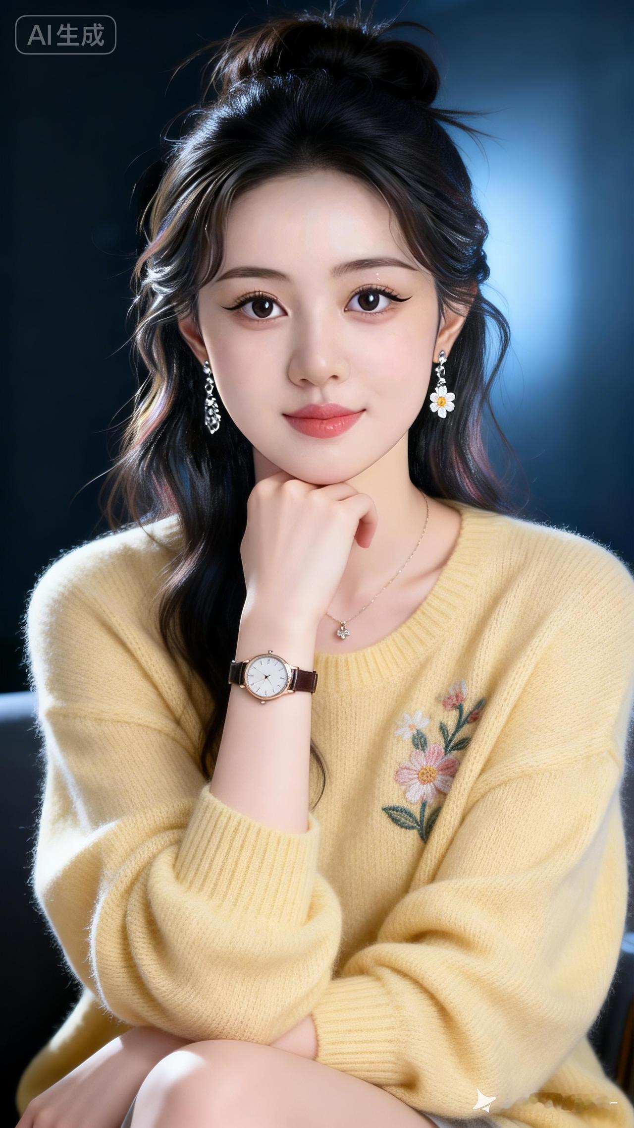 绝色佳人黑发微乱盘起，杏黄羊绒绣花宽松衫，手托下巴微笑。浓妆大眼眼线睫毛粉唇，花