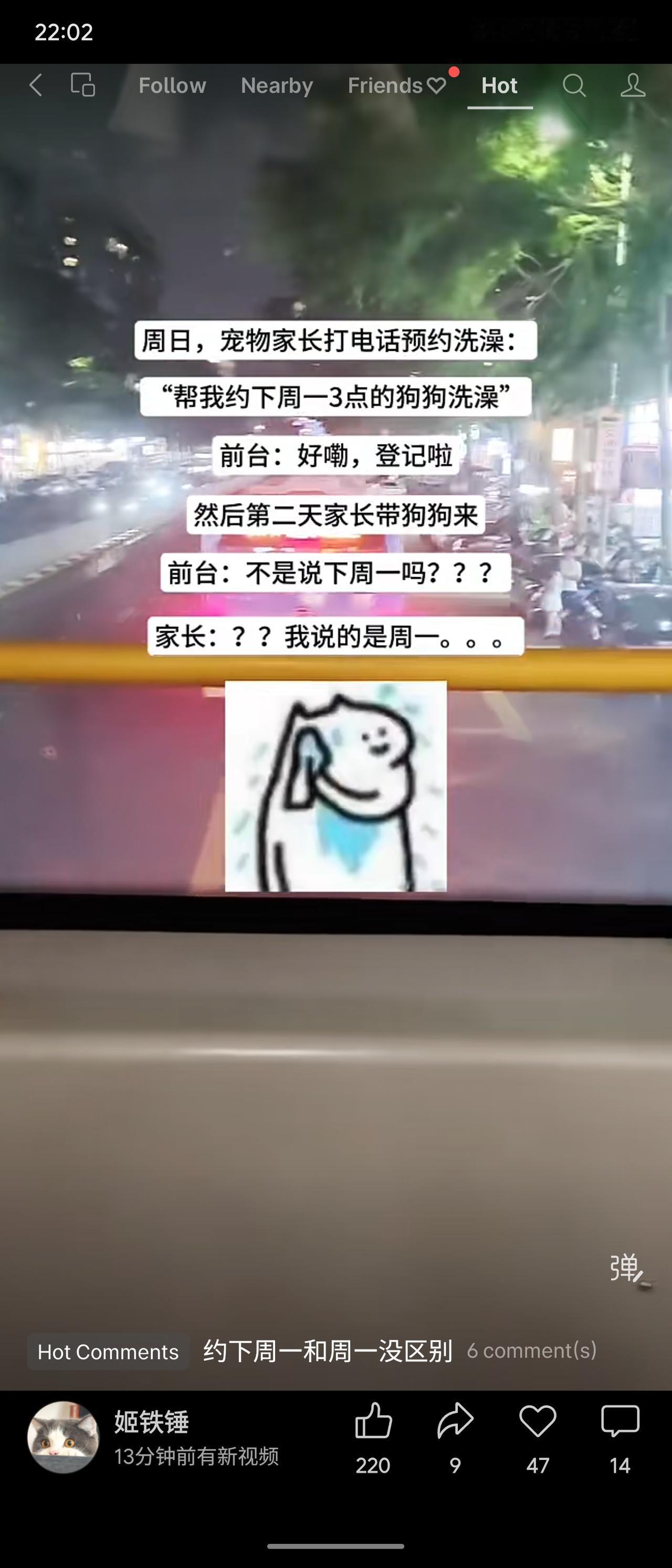 宠物家长电话预约“下周一”给狗狗洗澡，次日即带狗到店。前台疑惑：“不是说下周一吗