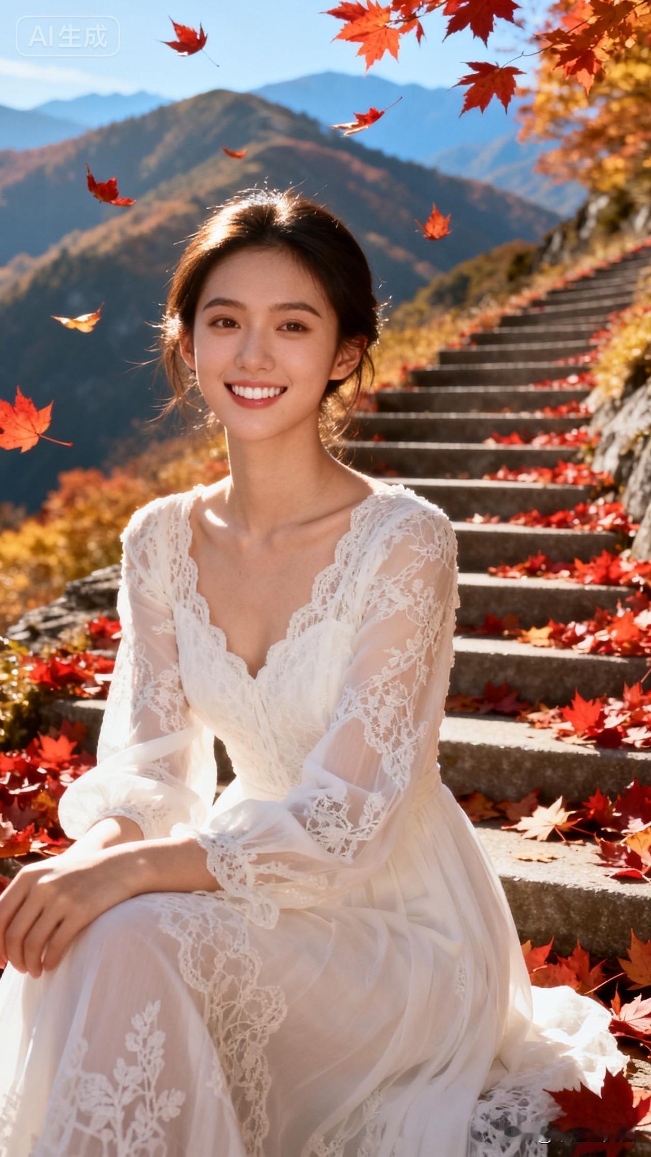 她坐在满是落叶的台阶上，微笑着。