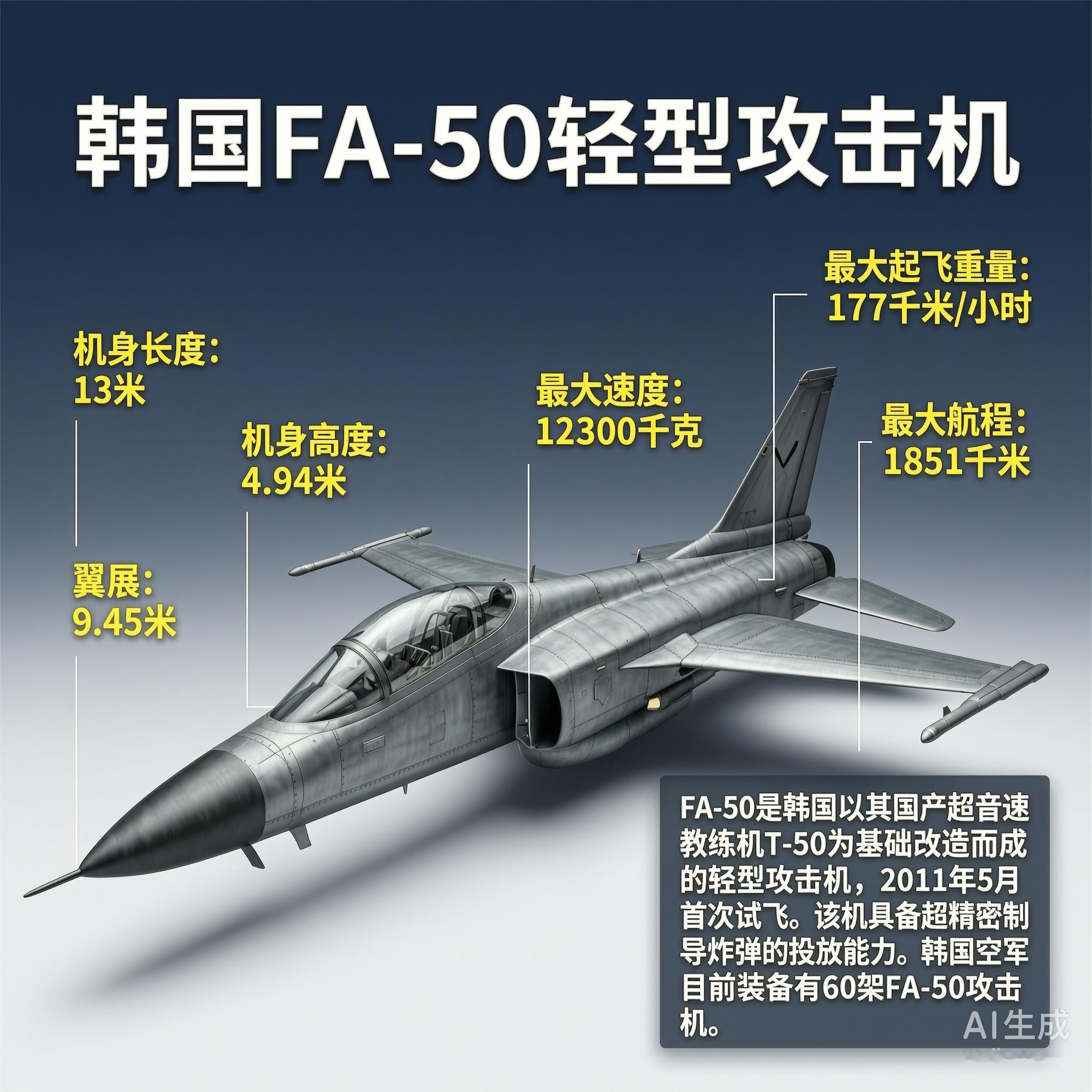 军事ai新视野韩国FA-50攻击机机身长度：13米机身高度：4.94米翼展：9