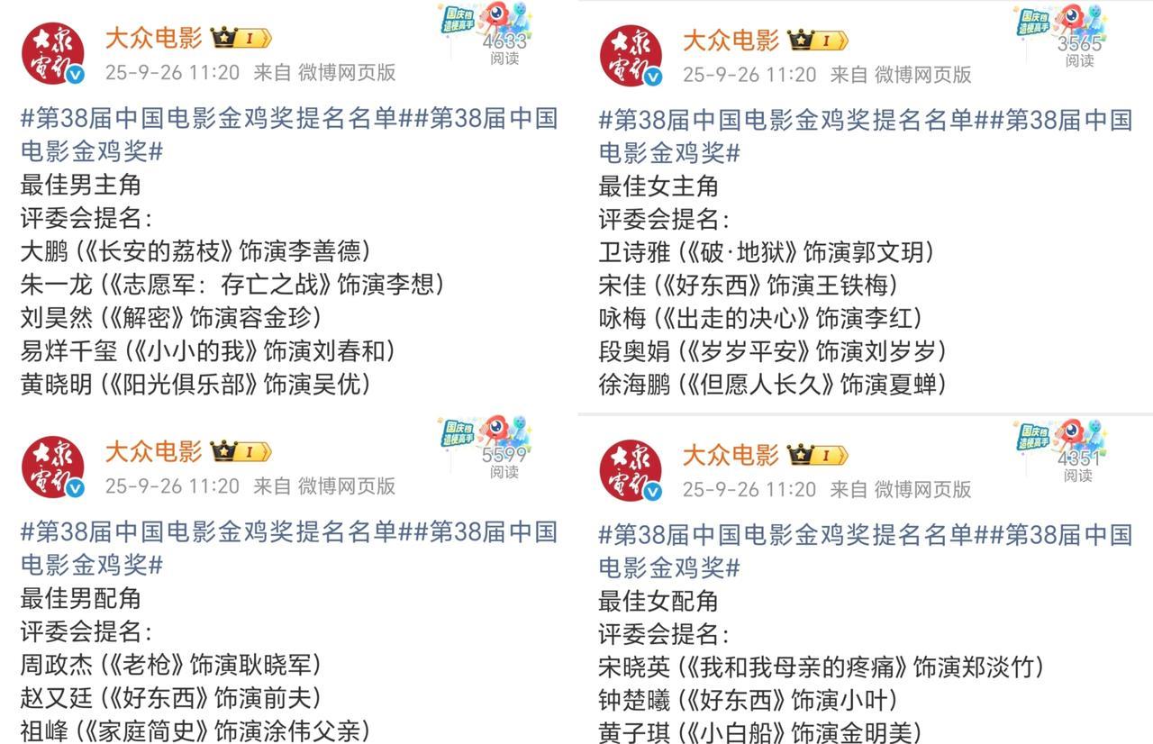 第38届电影金鸡奖提名名单公布，这些演员掉提名让人意外！影帝影后归属初见端倪！
