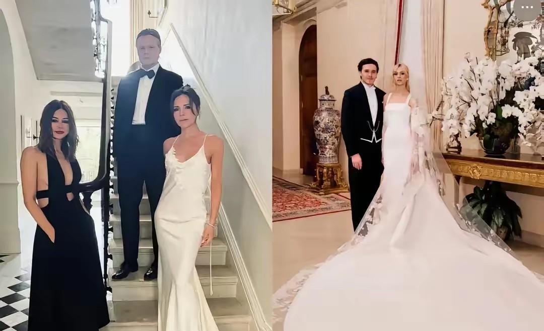 没穿婆婆做的婚纱。贝克汉姆长子大婚那天。新娘妮可拉，身上那件华伦天奴高定，价