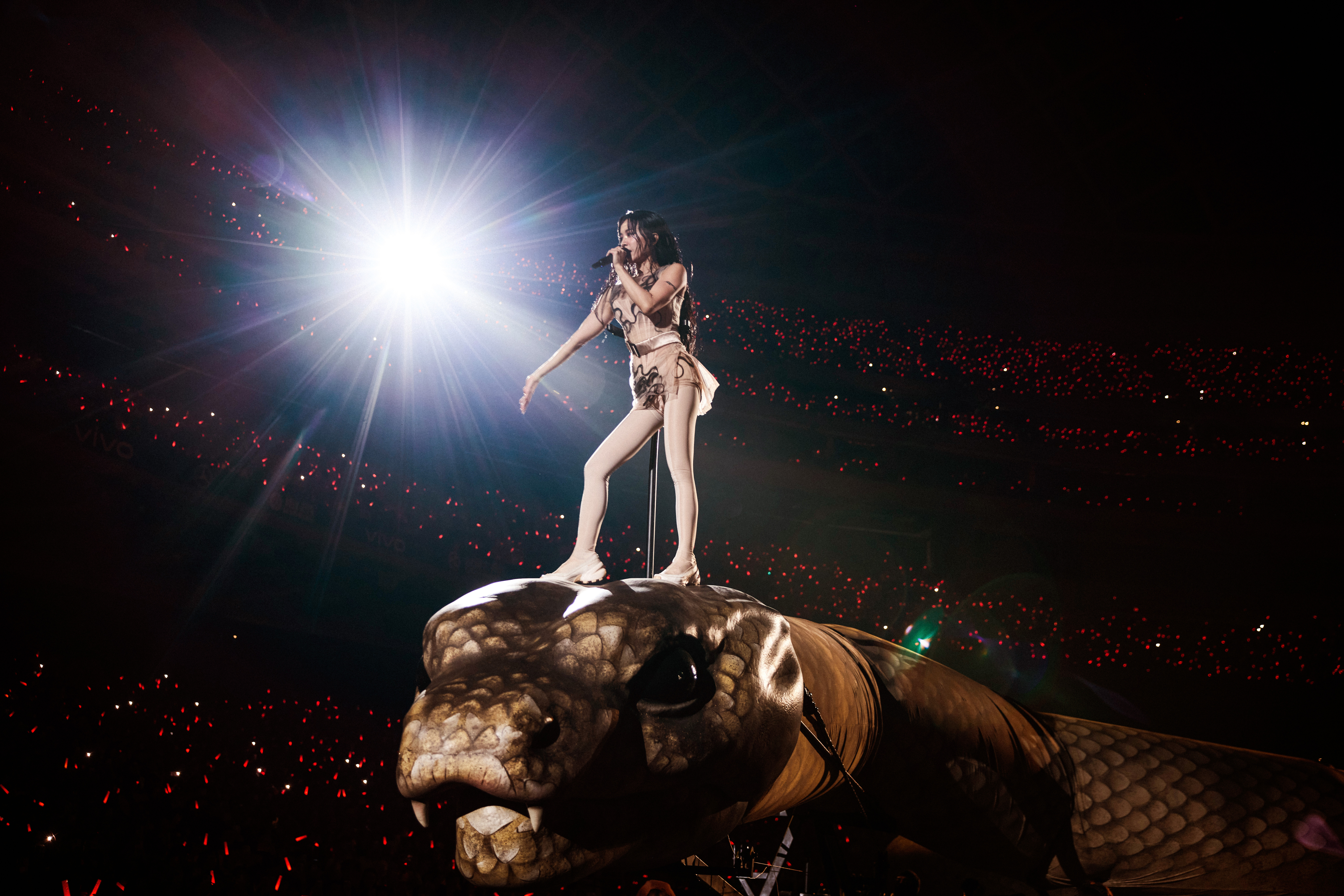 蔡依林踩蛇出场蔡依林只需微微出手踩巨蛇出场的设计绝了，真羡慕现场看的人啊