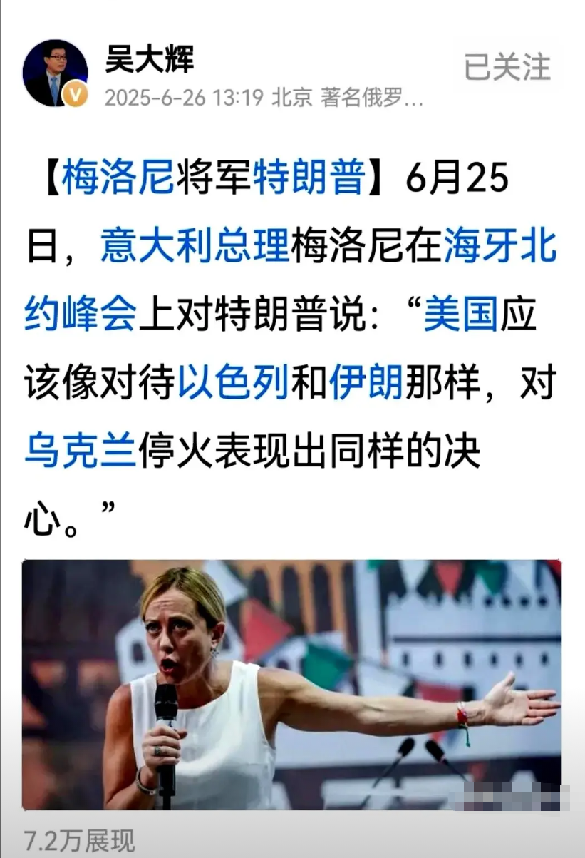 著名俄罗斯问题专家、清华大学国际关系学系教授吴大辉先生昨日下午发文提到，意大利总