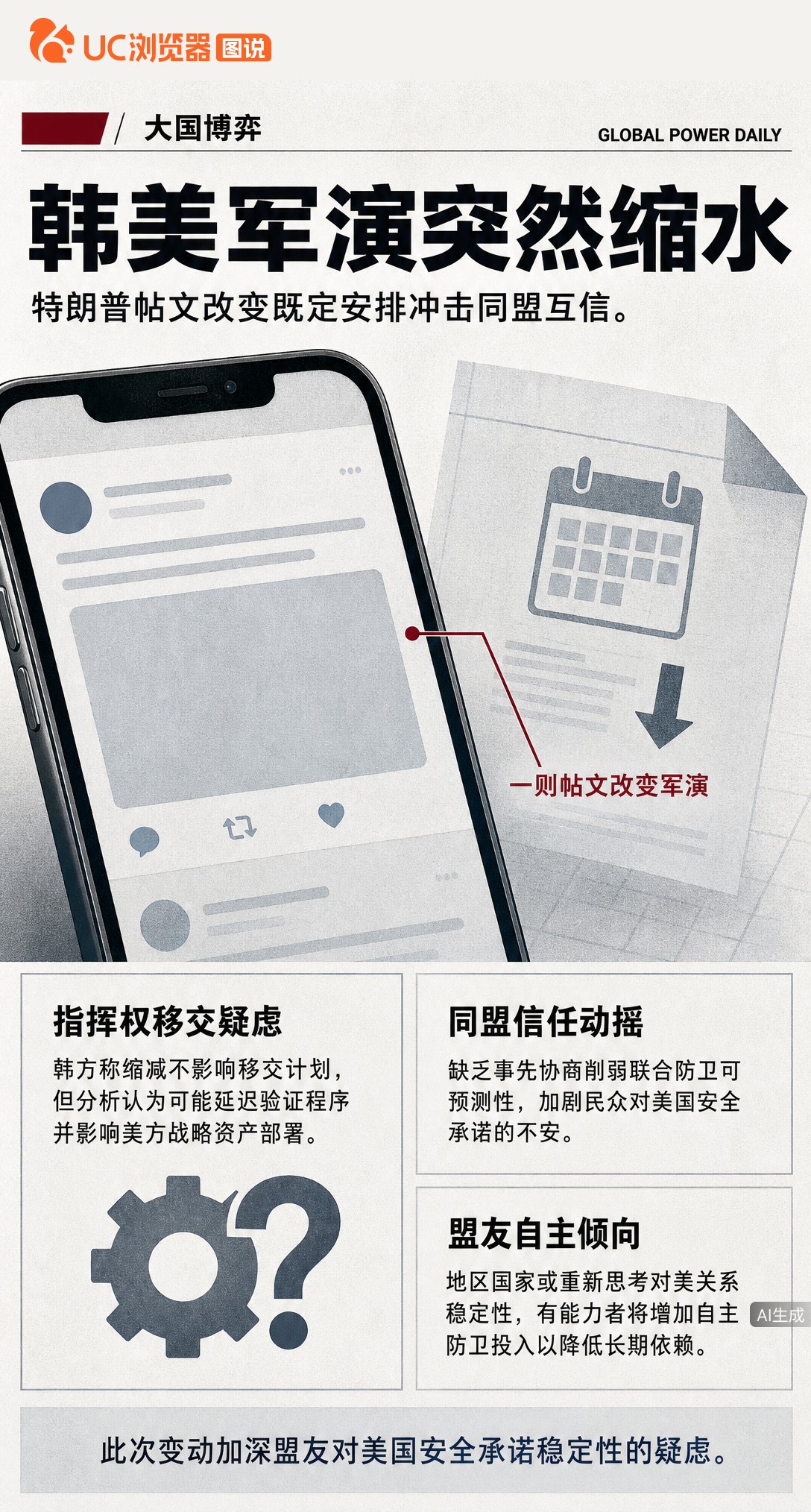 韩美军演刚启动就提前收场，只因特朗普发了条帖文。韩方事先不知情，指挥权移交和同盟互信会不会因此生变？