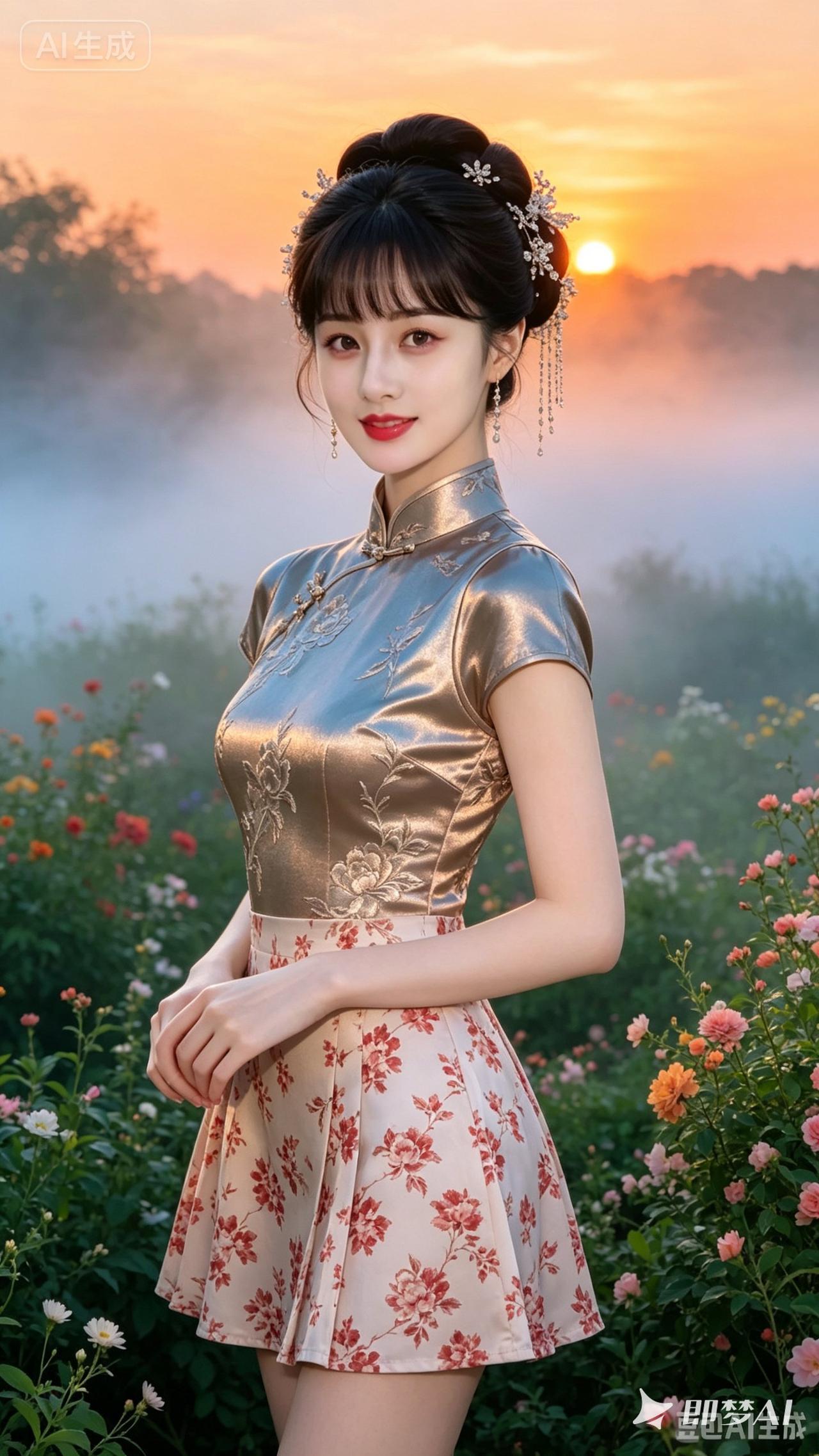 优雅旗袍，花海中的东方美人