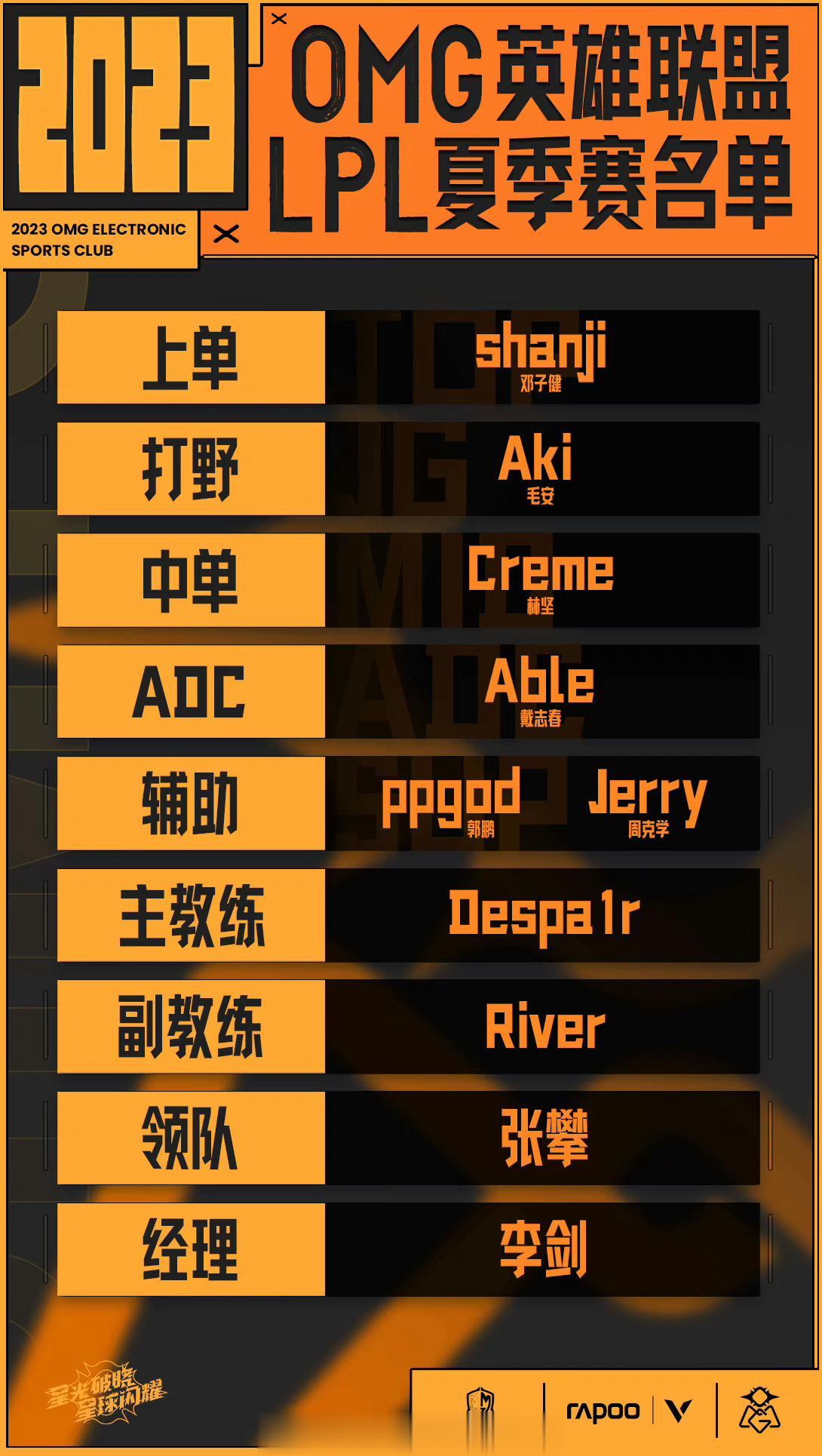 【2023年LPL夏季赛OMG大名单&赛程】上单：OMG.shanji（邓子