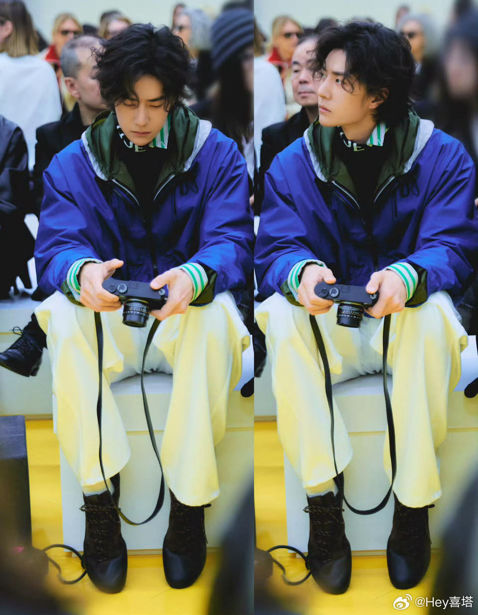 王一博看秀随拍王一博随拍不是随便拍的王一博真的好乖一男孩子叭一会跷一哈二郎腿，