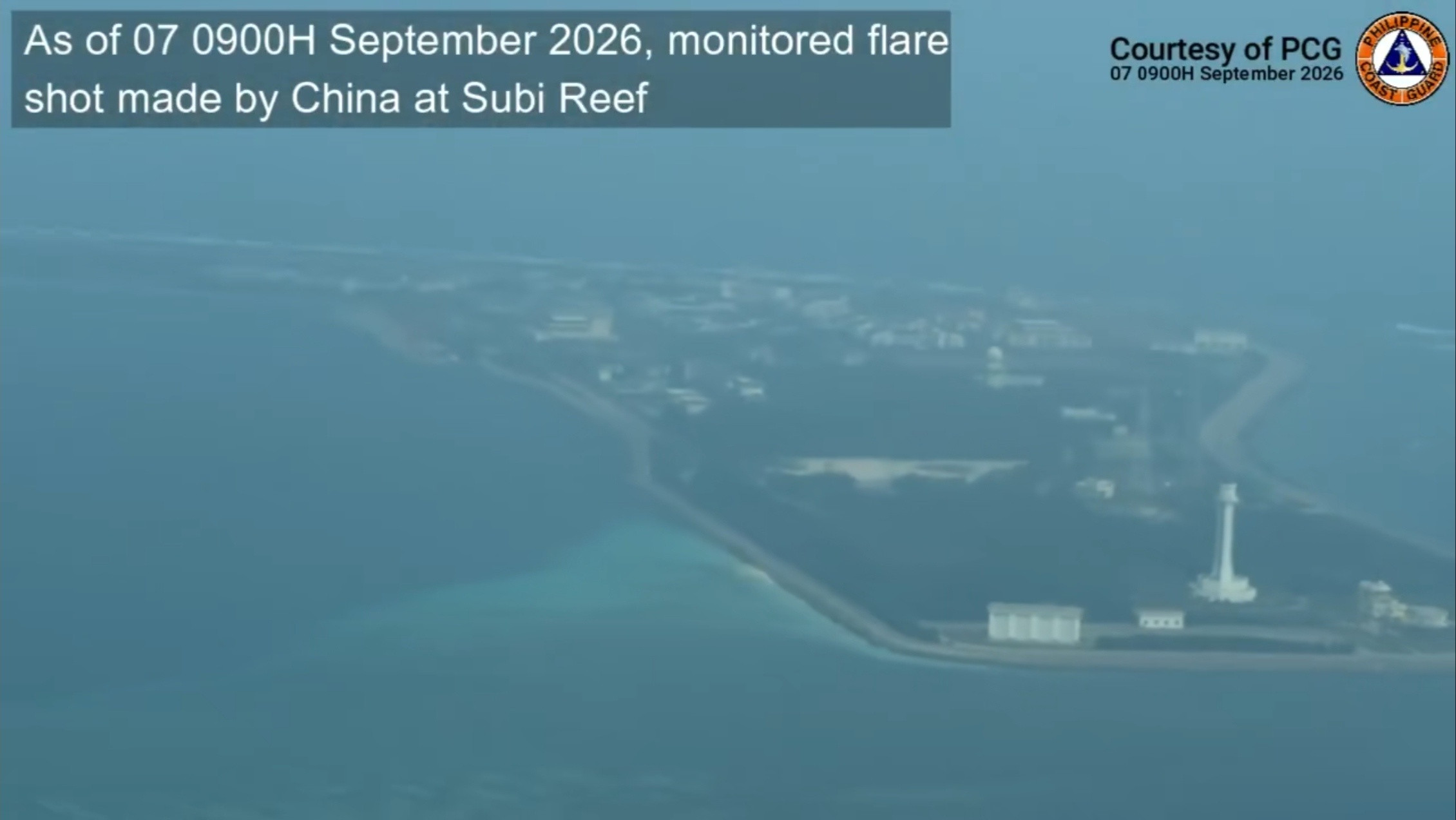 9月7日，菲律宾海警公务机抵近我渚碧礁和美济礁侦察，称遭遇中方从地面发射信号弹警