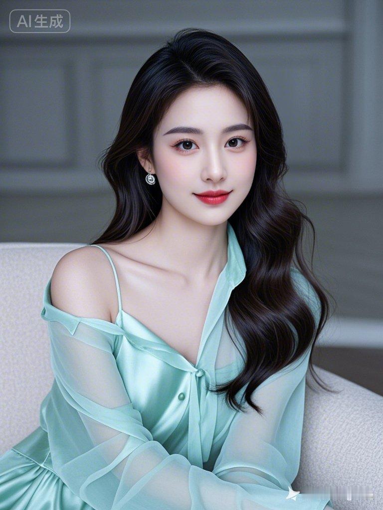 年轻漂亮的绝色佳人，冷白皮如真丝般发光柔滑，身着青绿色丝绸雪纺飘带上衣，气质优雅
