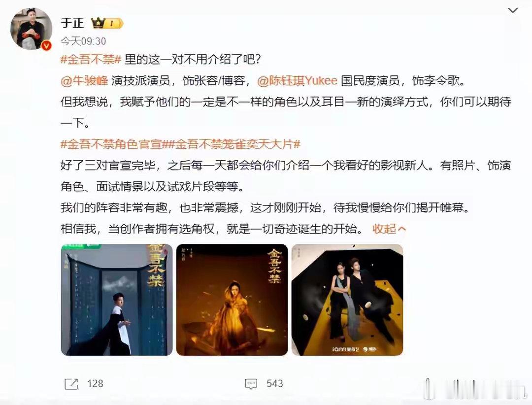 于正官宣《金吾不禁》放话：陈钰琪再不爆，就是我的失败！于正官宣新剧《金吾不禁》新