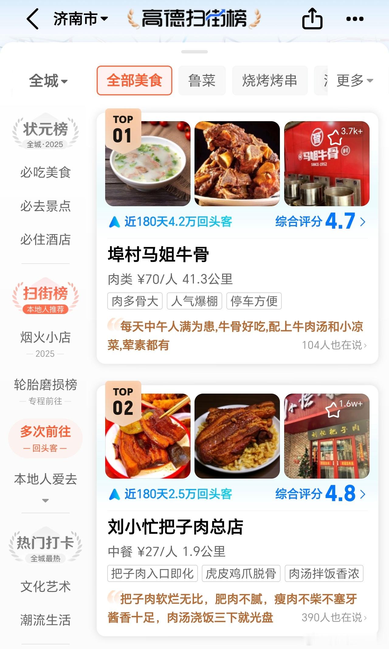 高德扫街榜美食摄影大赛在高德扫街榜中有个“多次前往”的板块，我点进去一看前两名