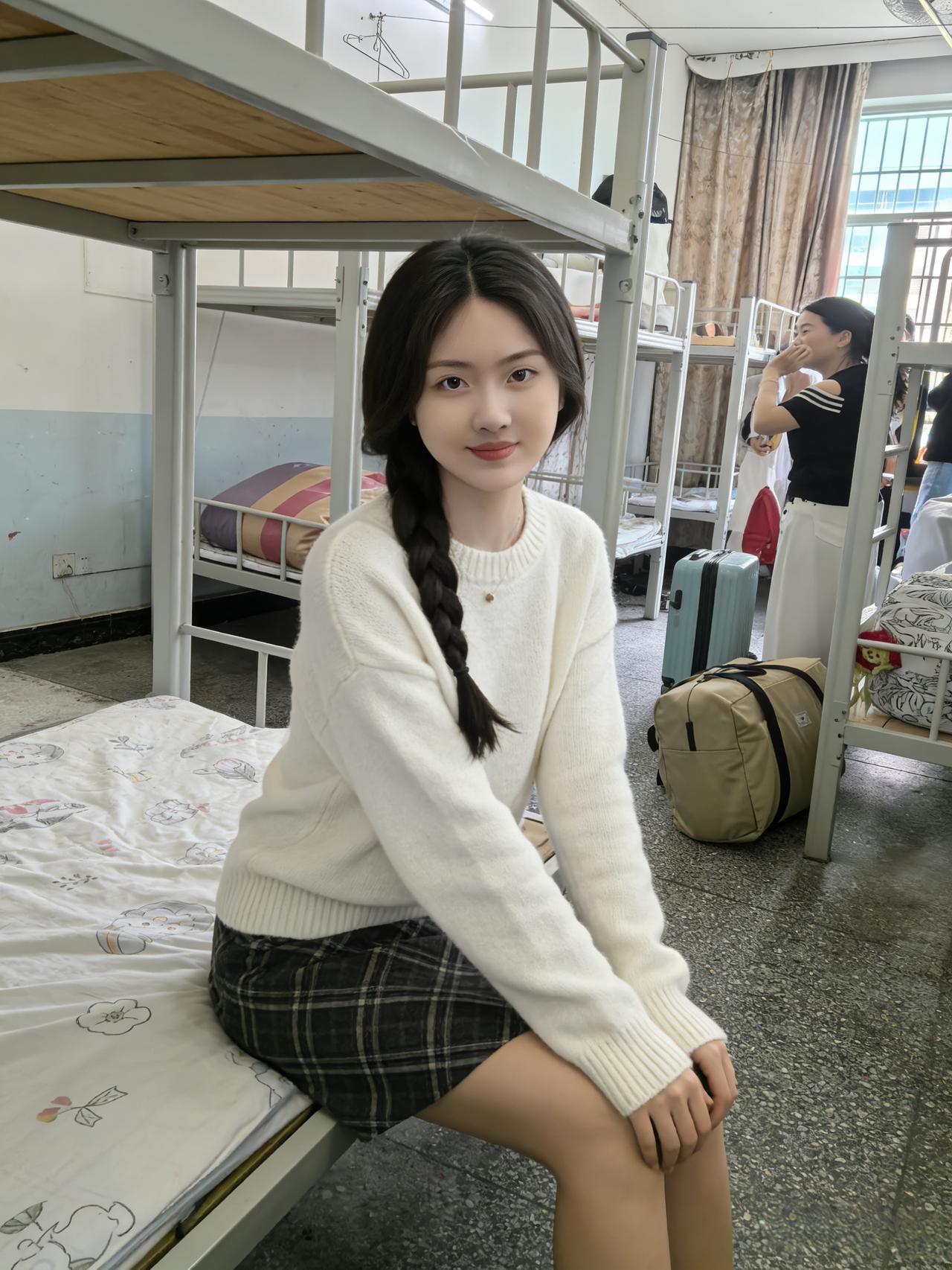 寒窗铁架映晨光，少女凝妆坐榻旁。白氅轻笼云影薄，青裙细叠锦纹长。双鬟垂辫拖春