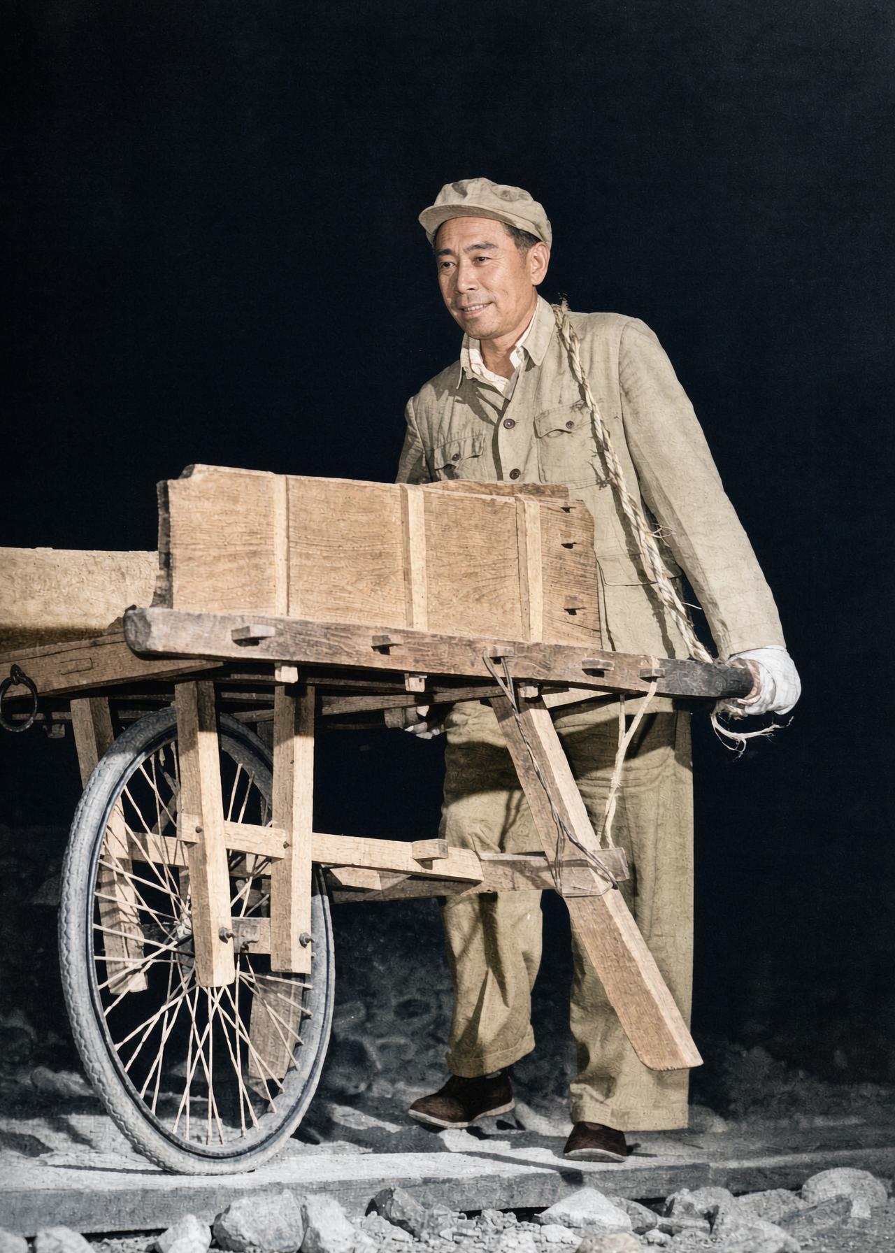 1958年6月，北京十三陵水库工地，夜幕低垂，一位头戴布帽、身着旧灰布工装的汉子