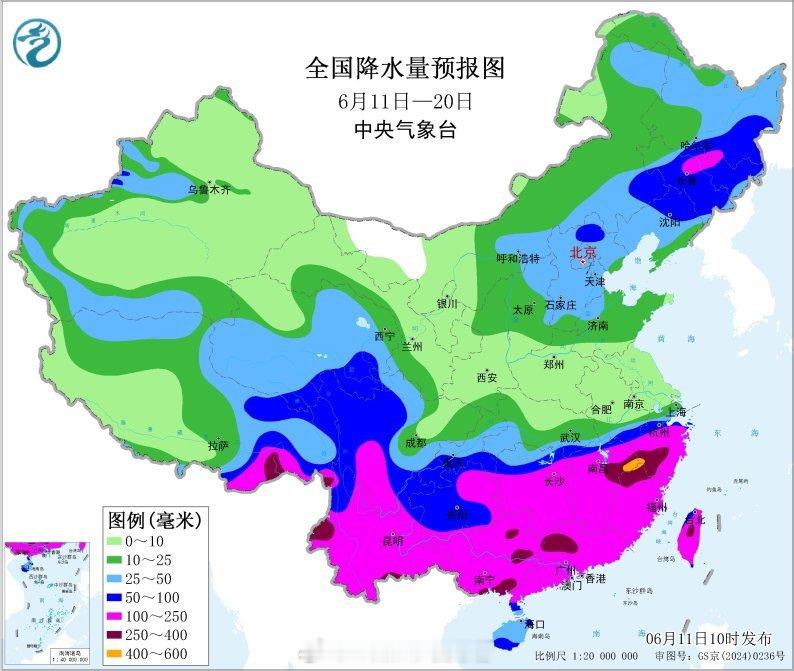 大气科学气象观察团【中旬降雨】未来10天（6月11日-20日），我国主雨区将位于