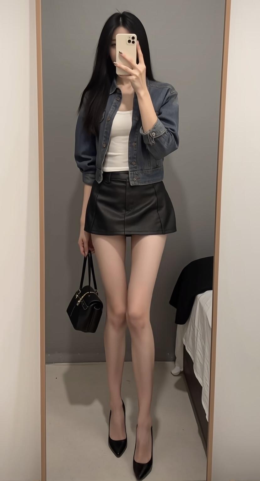 牛仔外套+皮裙，搭配黑色高跟鞋，简约又帅气！