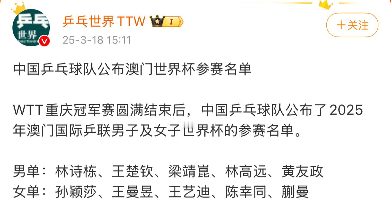 宁波小将黄友政在列澳门世界杯参赛名单中国乒乓球队公布2025年澳门世界杯参赛名