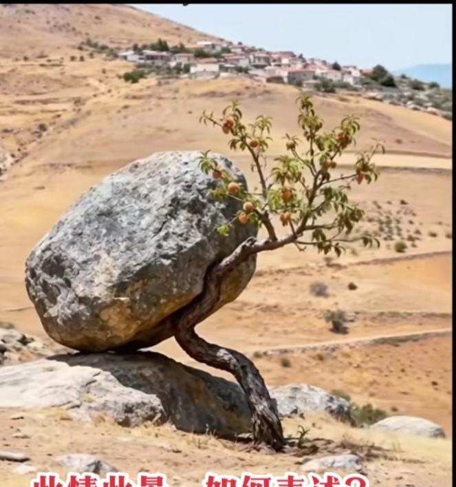 〔欣赏图片〕图中画面挺震撼；植物顶起大石头；它的力气还很大；不信你就做实